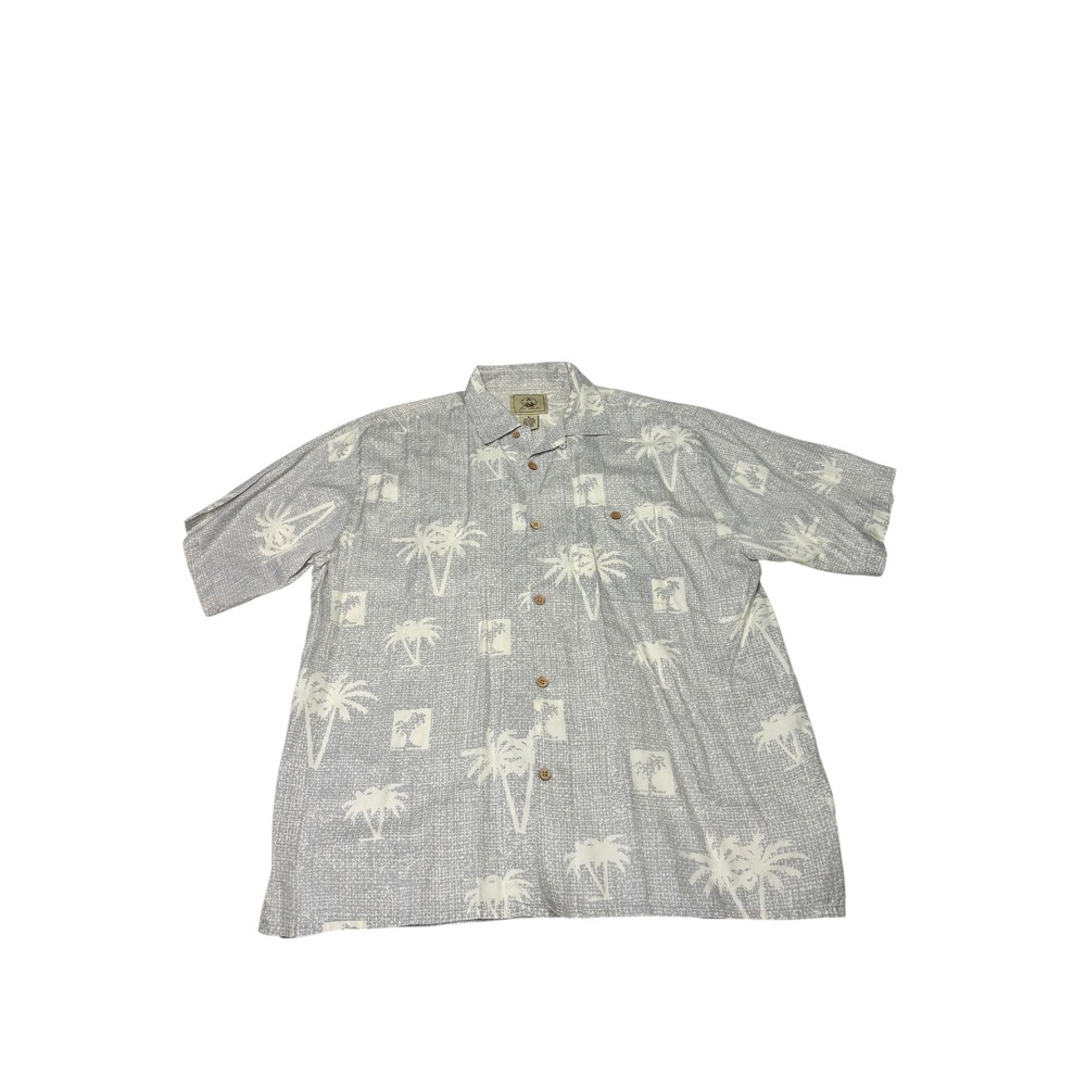 Joe Marlin Mens XL Grey Palm Tree Tropical Rayon Blend Camp Shirt Short Made USA